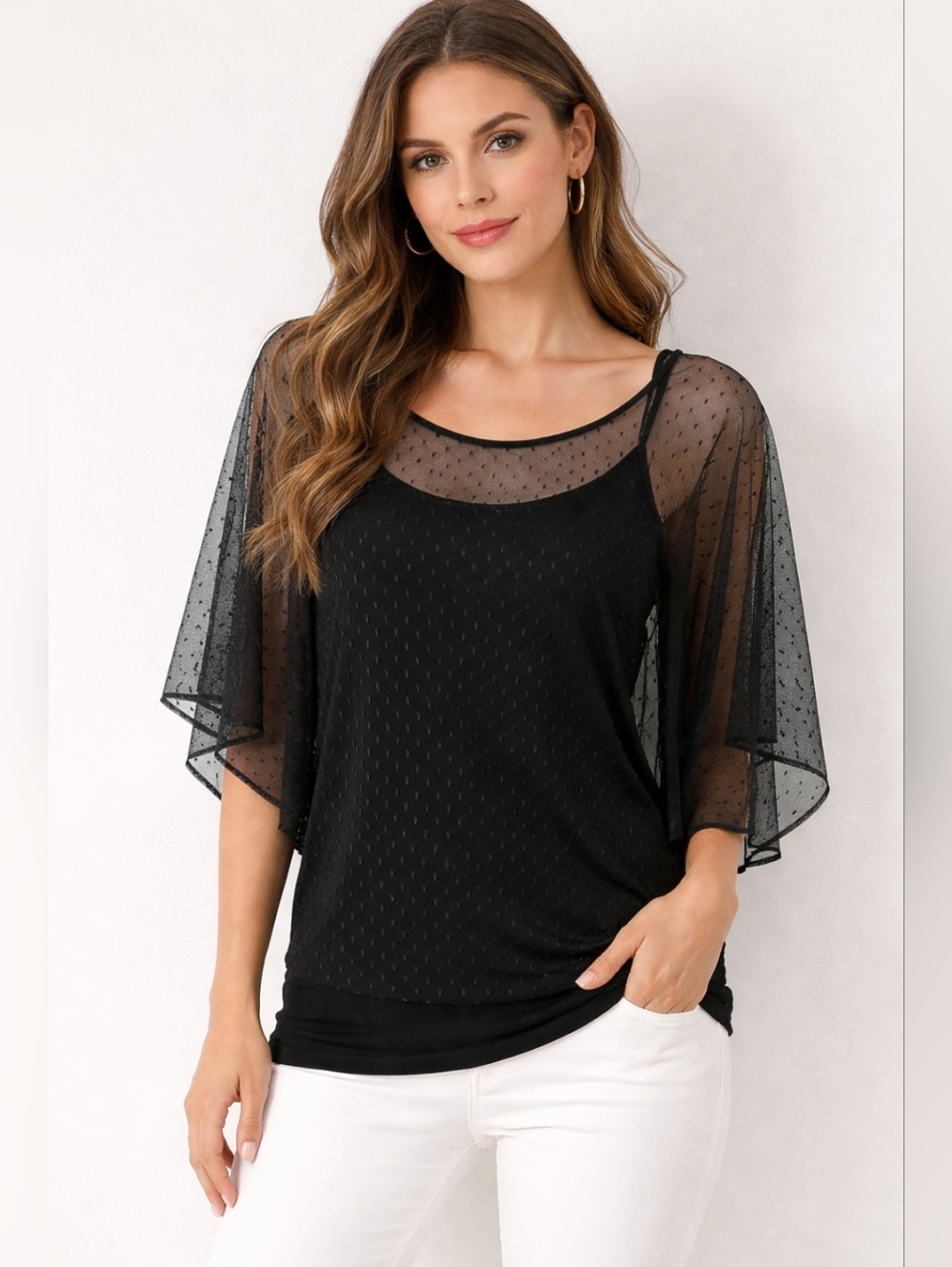 Jennifer Lopez Butterfly Sleeve Banded Waist Black Sheer Overlay Blouse XL